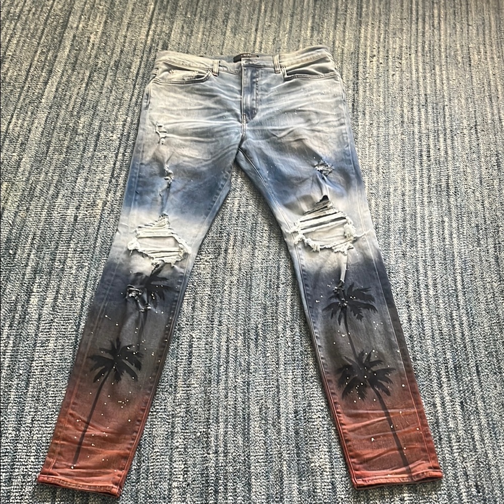 AMIRI Blue Palm Tree Skinny Jeans